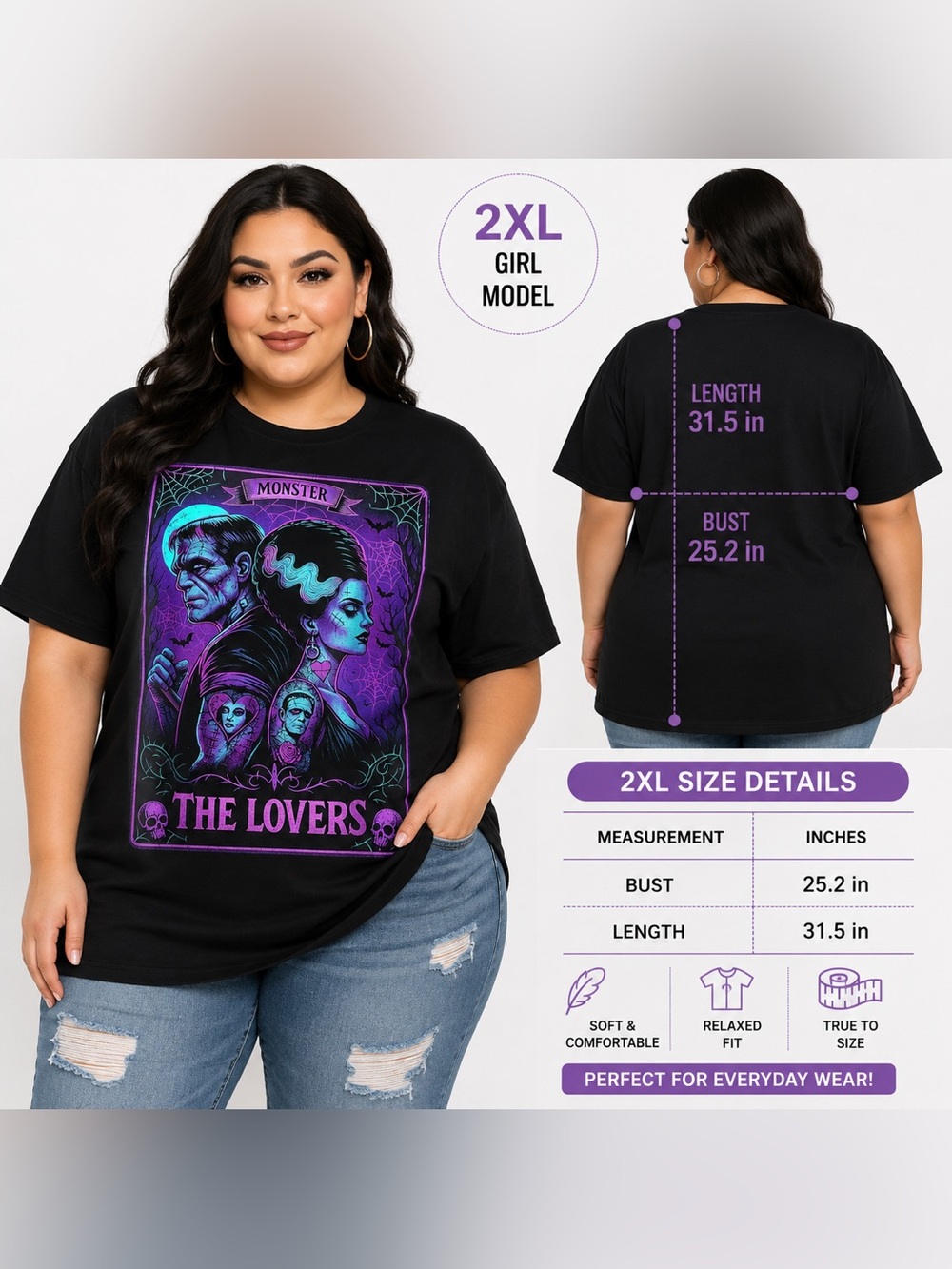 💜🆕💜Frankenstein & Wife “The Lovers” Graphic Tee Black & Purple (2XL)